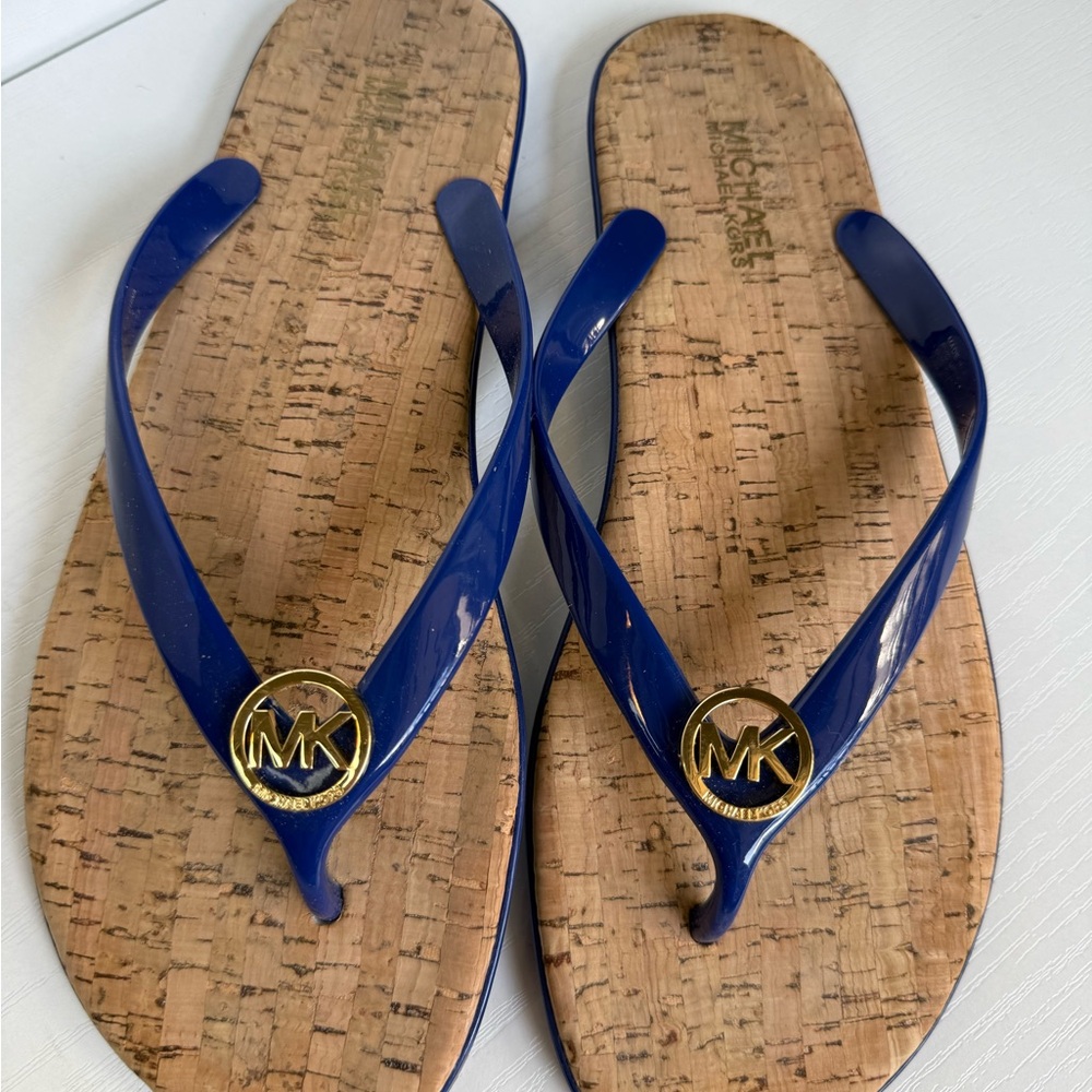 Michael Kors Navy Blue Jelly Cork Flip Flops with Gold MK Medallion